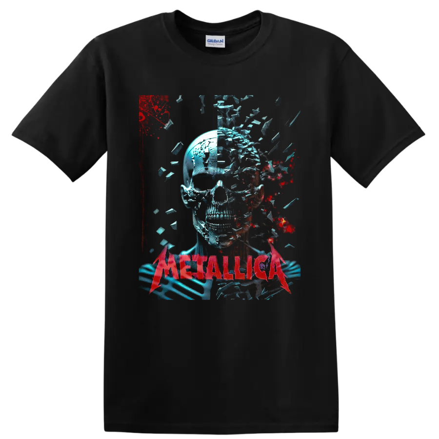 Metallica shattered skull graphic with blue fragments, red splatter, and red band on a Black T Shirt