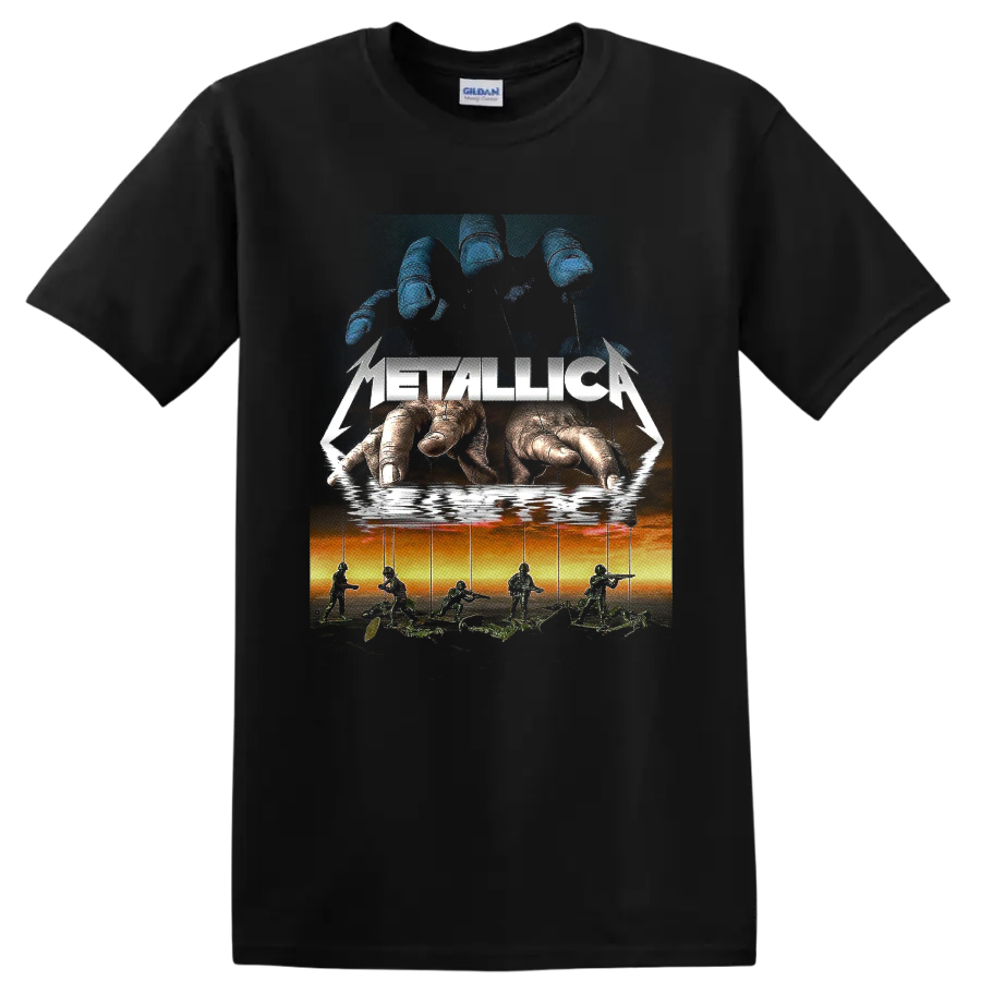 Metallica logo over giant hands controlling soldier marionettes in surreal rock art on a Black T Shirt