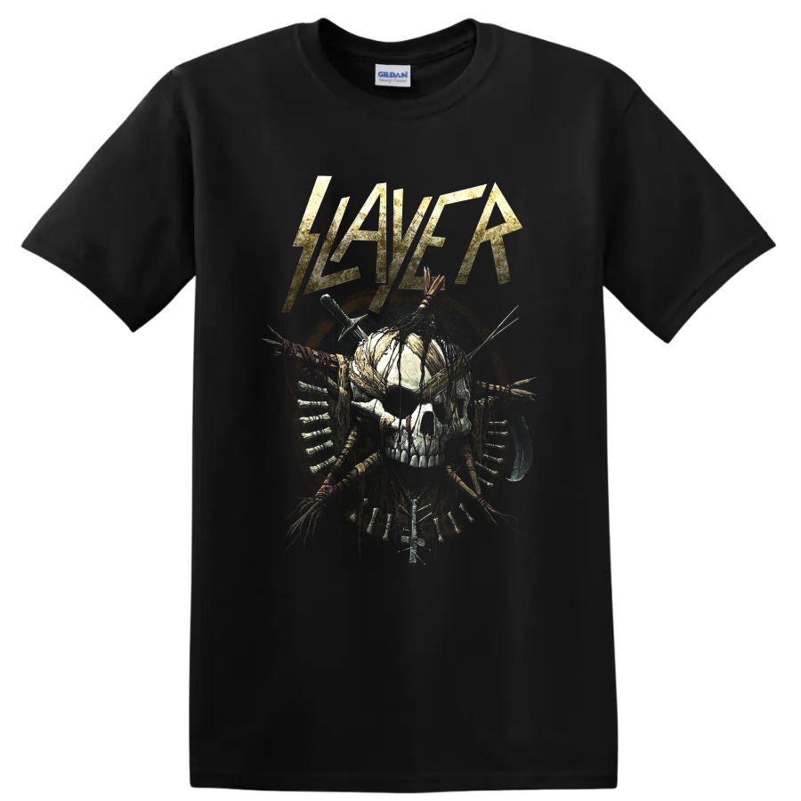 Slayer distressed logo above a bound skull with blades and weapon details on a Black T Shirt