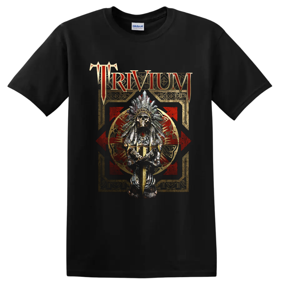 Trivium feathered skull warrior with sword in distressed gothic metal artwork on a Black T Shirt
