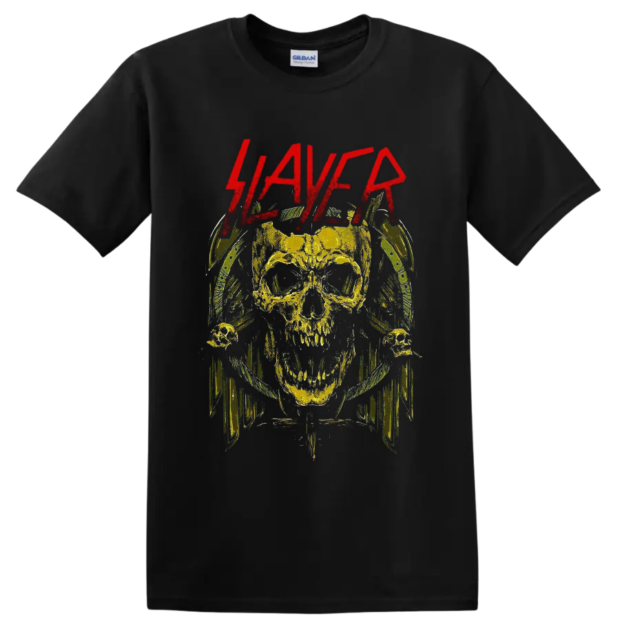 Slayer logo above a distressed horned skull in gothic thrash metal artwork on a Black T Shirt