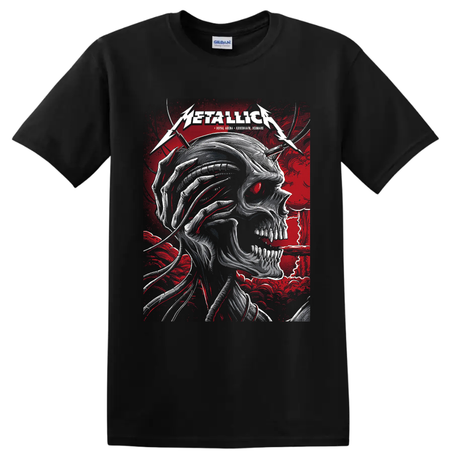 Metallica Royal Arena Copenhagen skull concert poster graphic with red eye and lightning on a Black T Shirt
