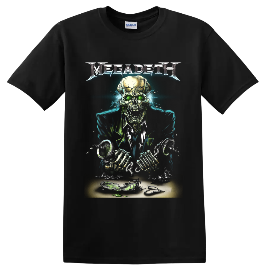 Megadeth Vic Rattlehead skull artwork with green eyes and electric blue energy on a Black T Shirt