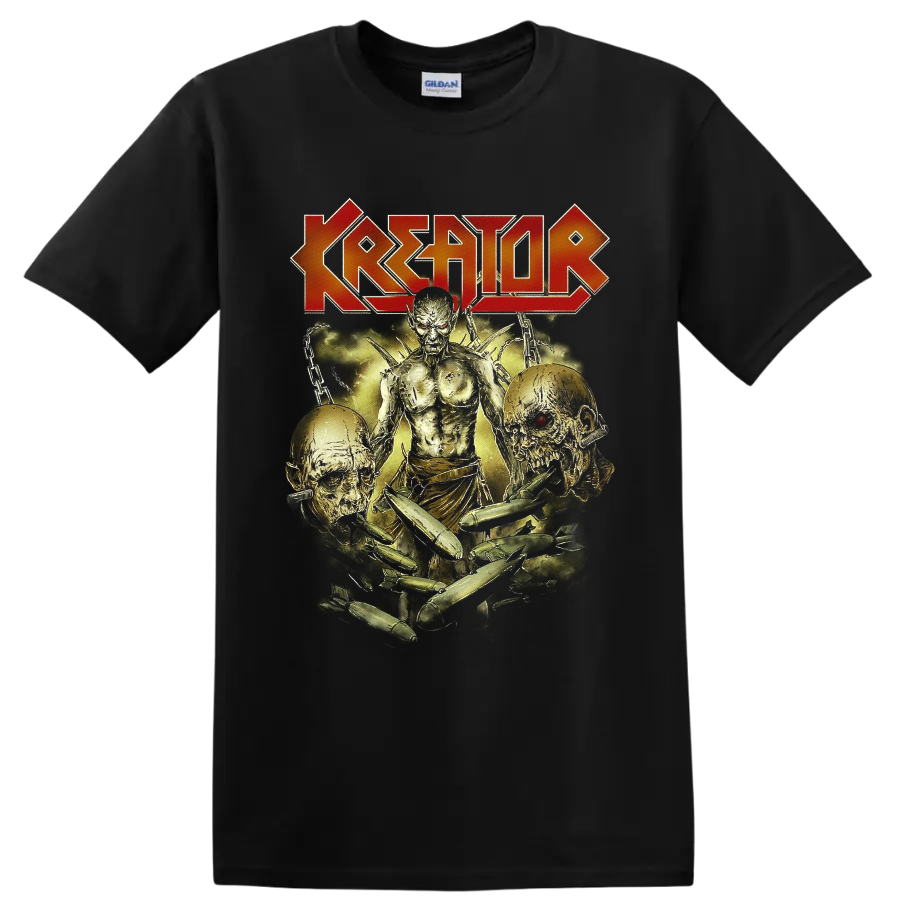 Kreator logo above skeletal warrior, skulls, chains, and bullets in distressed horror art on a Black T Shirt