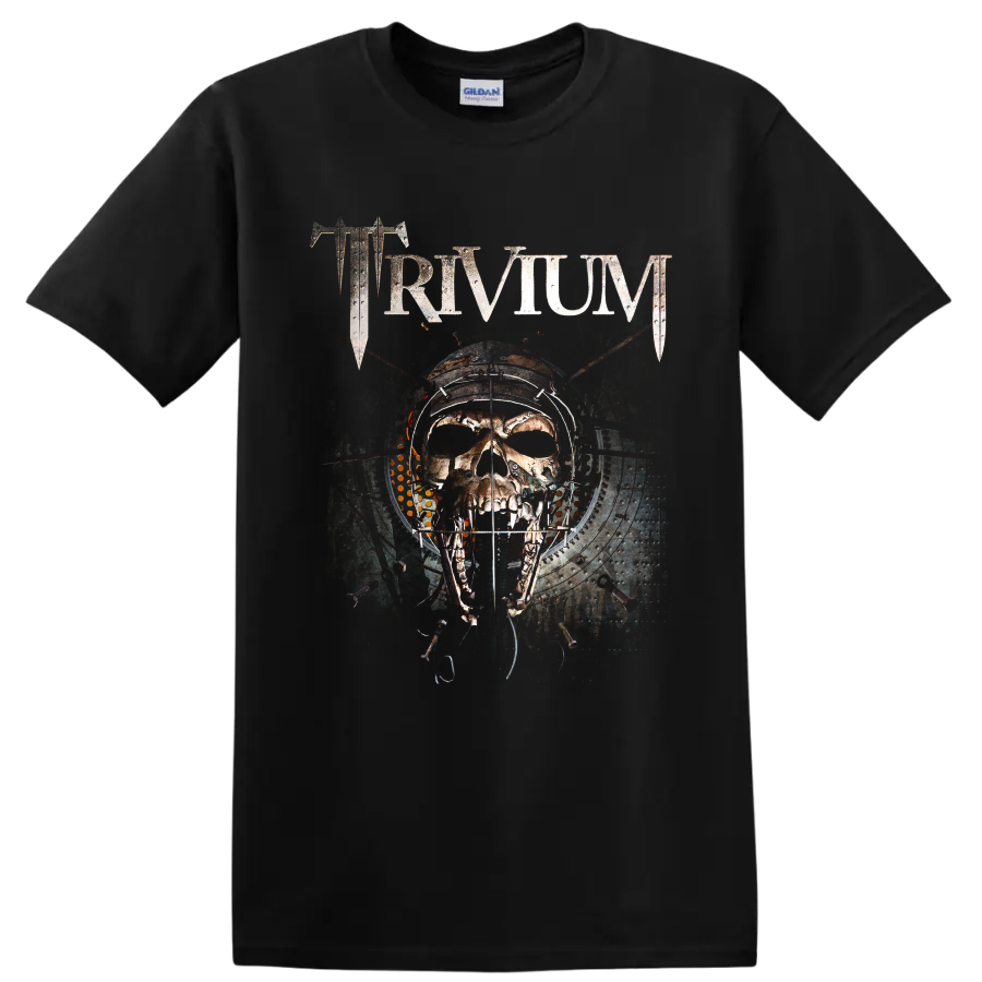 Trivium distressed logo above a mechanical skull in gothic industrial artwork on a Black T Shirt