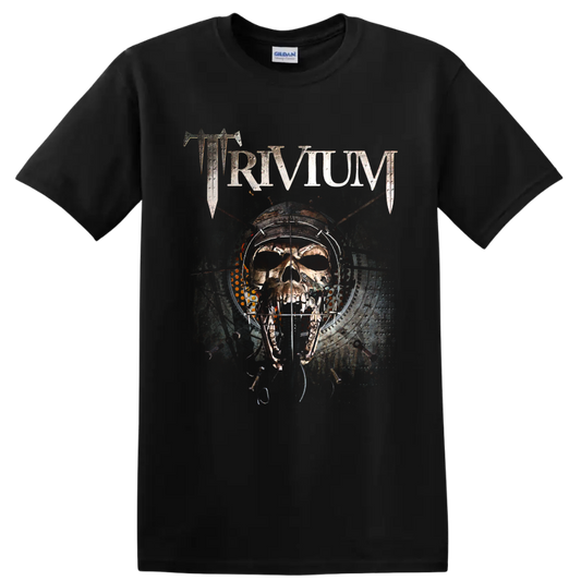 Trivium distressed logo above a mechanical skull in gothic industrial artwork on a Black T Shirt