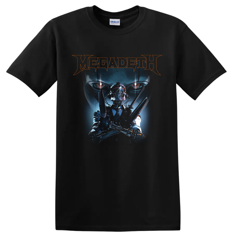 Megadeth logo with cybernetic Vic Rattlehead in a dark futuristic metal graphic on a Black T Shirt