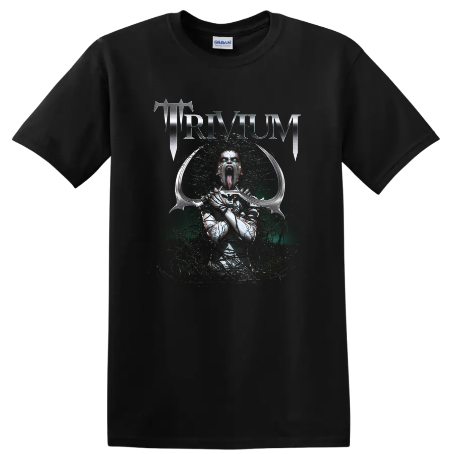 Trivium metallic logo above screaming demonic armored figure with curved sword on a Black T Shirt