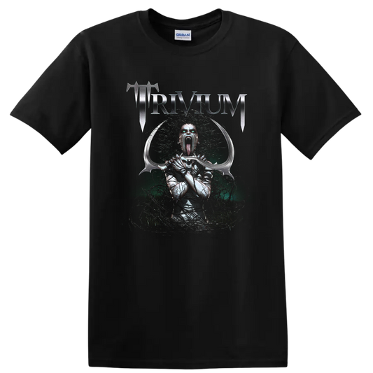 Trivium metallic logo above screaming demonic armored figure with curved sword on a Black T Shirt