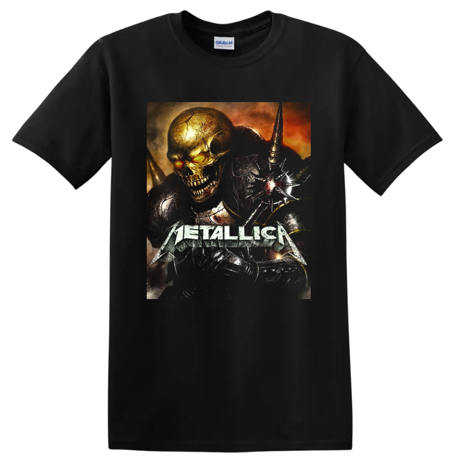 Metallica logo with glowing-eyed skull and dark armored warrior gothic graphic on a Black T Shirt