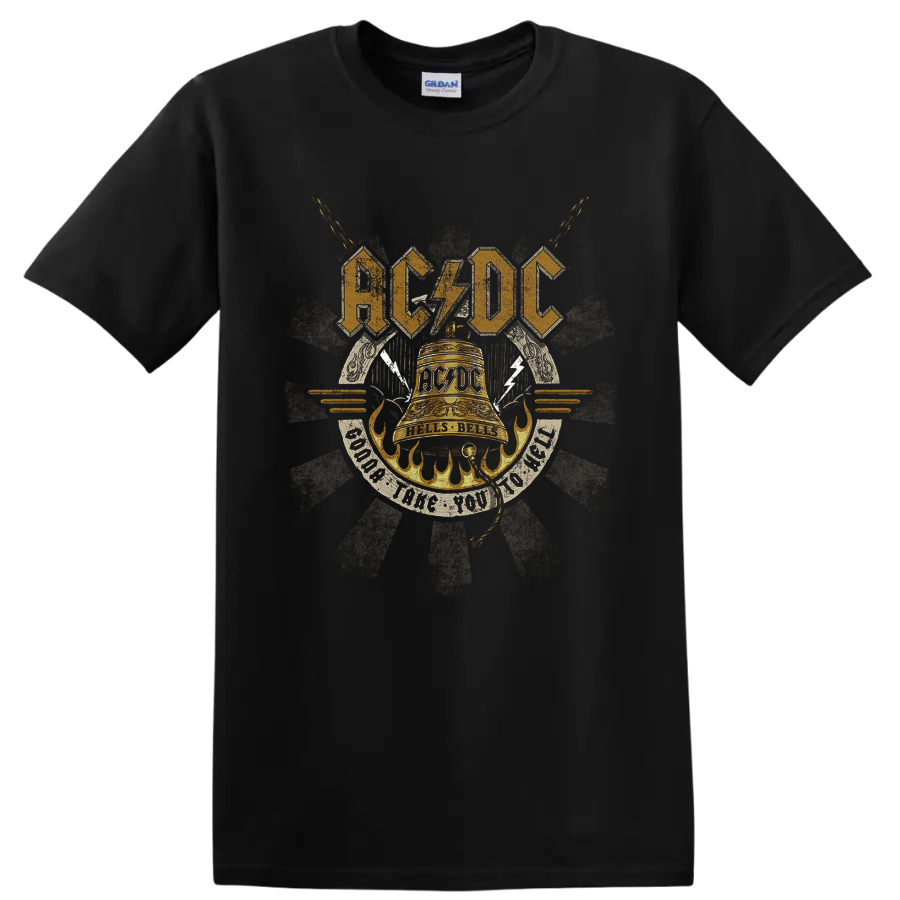 AC/DC Hells Bells distressed gold bell graphic with flames, chains, and lightning on a Black T Shirt