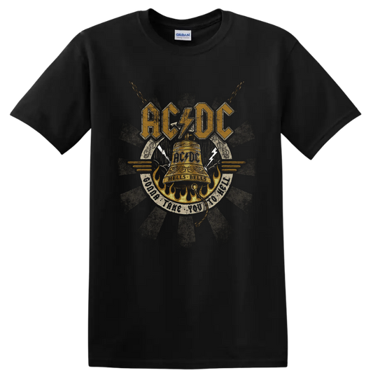 AC/DC Hells Bells distressed gold bell graphic with flames, chains, and lightning on a Black T Shirt
