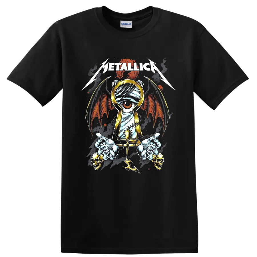 Metallica logo above a one-eyed mummy with gold headphones, wings, skulls, and barbed wire on a Black T Shirt