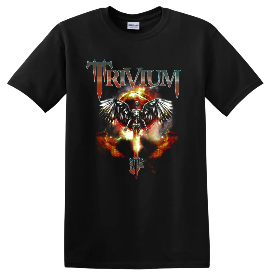 Trivium logo with winged skeleton, fiery eclipse, and flames in metal art on a Black T Shirt