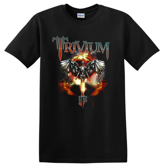 Trivium logo with winged skeleton, fiery eclipse, and flames in metal art on a Black T Shirt