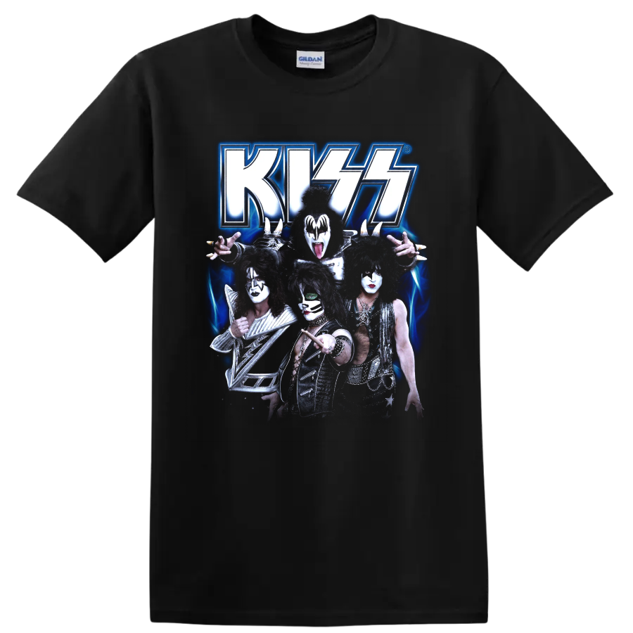 KISS band members in theatrical makeup beneath a glowing blue KISS logo on a Black T Shirt