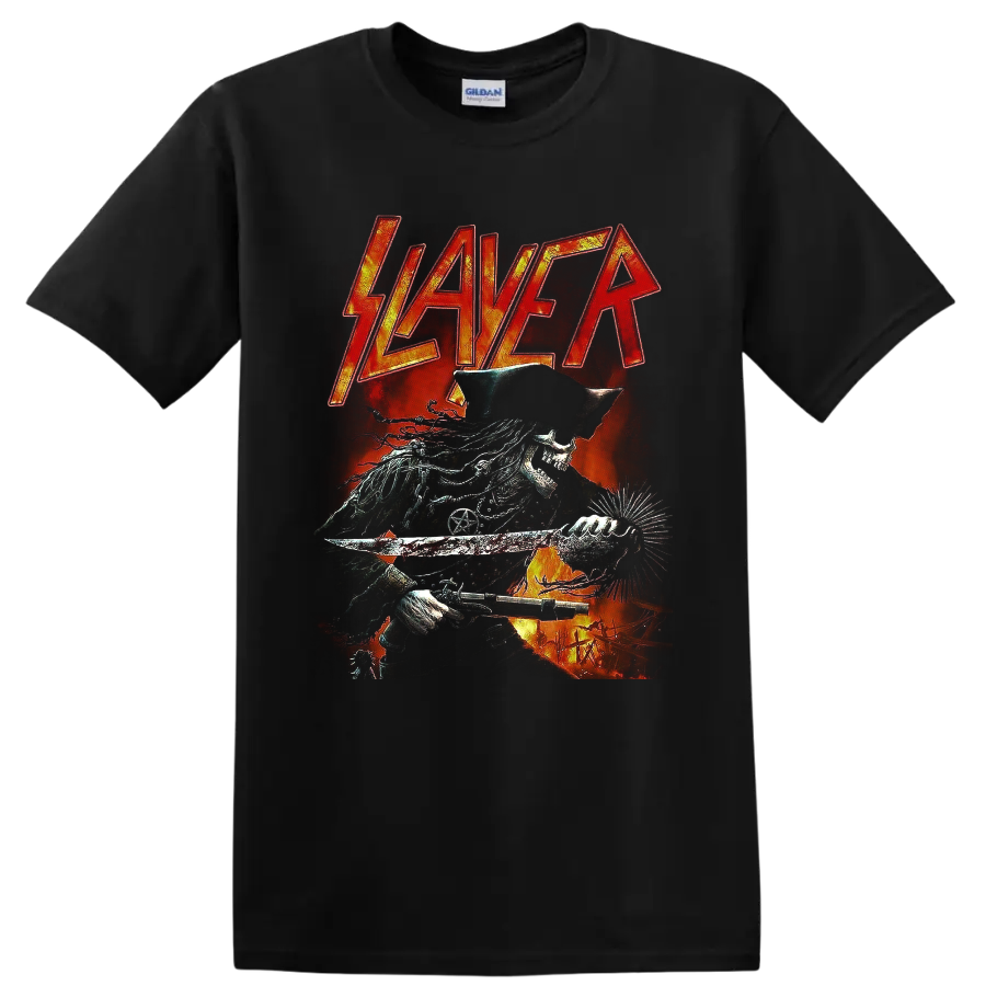 Slayer logo above a fiery pirate skeleton with sword and firearm in dark metal art on a Black T Shirt