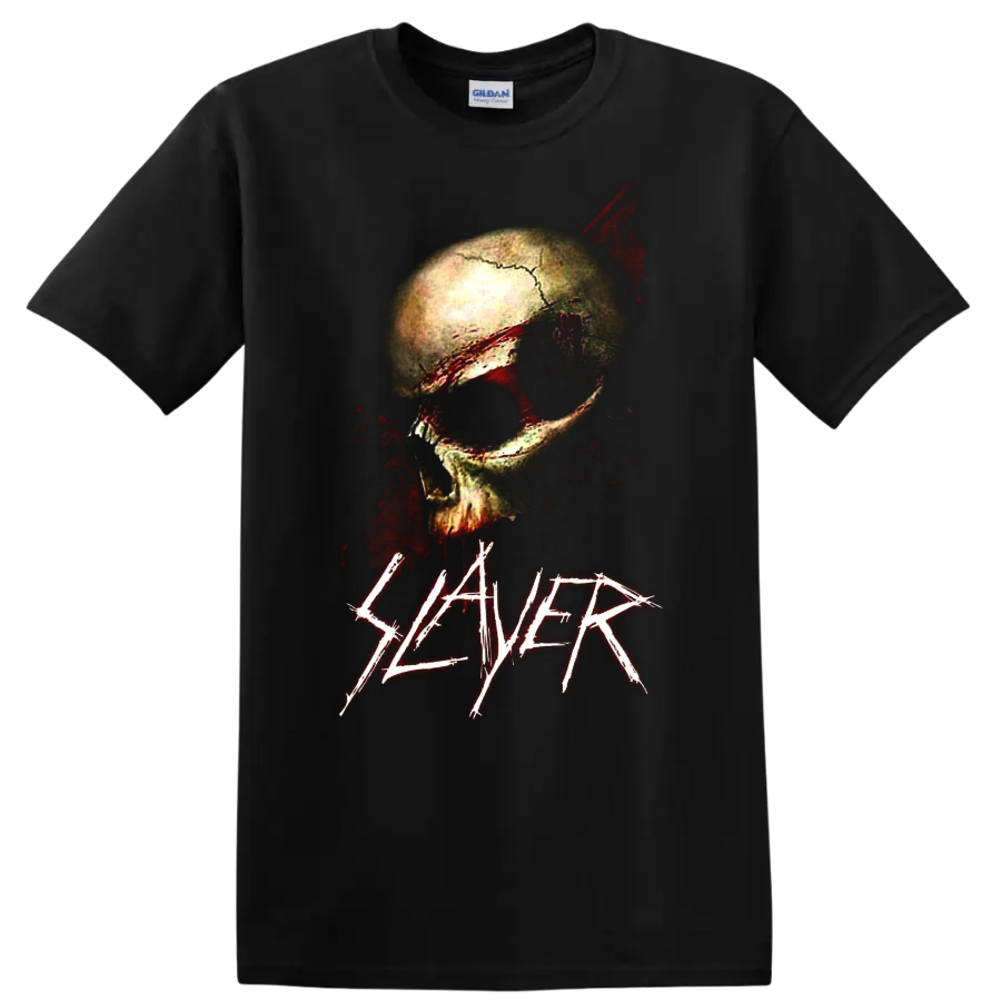 Distressed skull graphic with red splatter details and Slayer logo on a Black T Shirt