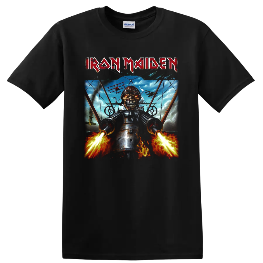 Iron Maiden Eddie fighter pilot graphic with blazing guns, aircraft, flames, and band logo on a Black T Shirt