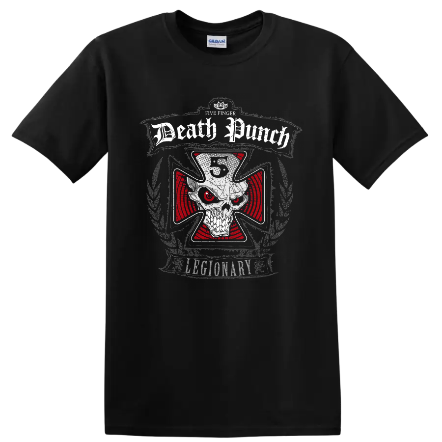 Five Finger Death Punch Legionary skull graphic with red eyes and distressed lettering on a Black T Shirt