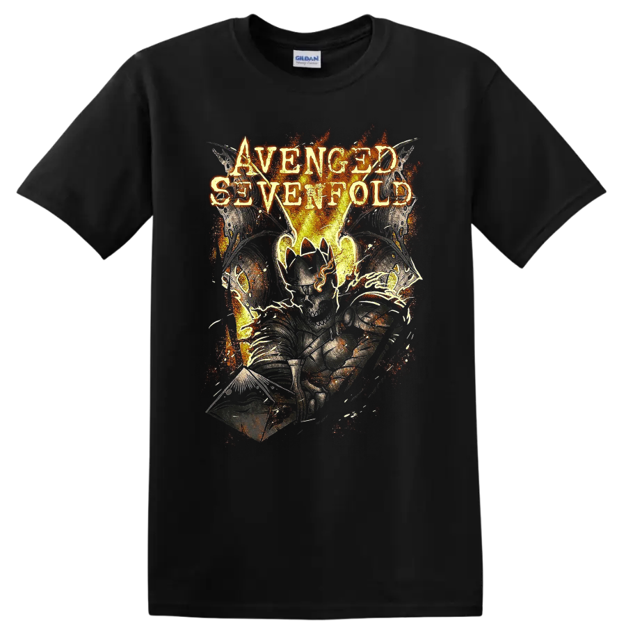 Avenged Sevenfold Deathbat in fiery distressed Shepherd of Fire graphic on a Black T Shirt