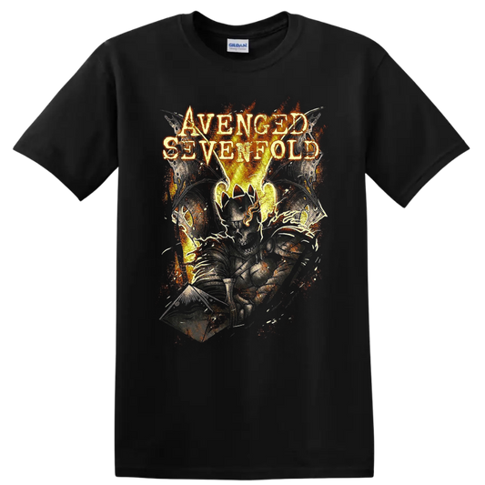 Avenged Sevenfold Deathbat in fiery distressed Shepherd of Fire graphic on a Black T Shirt