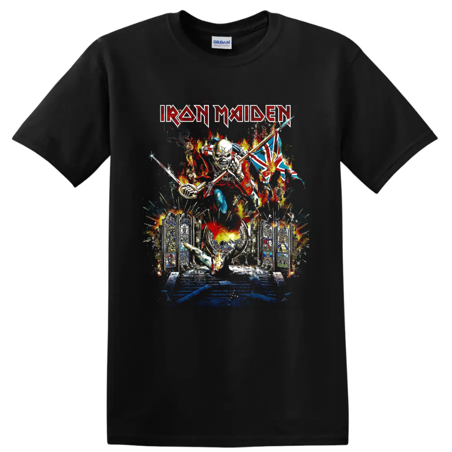 Iron Maiden Eddie the Trooper graphic with Union Jack, flames, and Gothic stained glass on a Black T Shirt