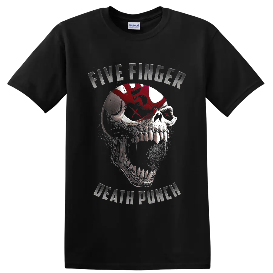 Five Finger Death Punch distressed skull graphic with red X eyes and band lettering on a Black T Shirt