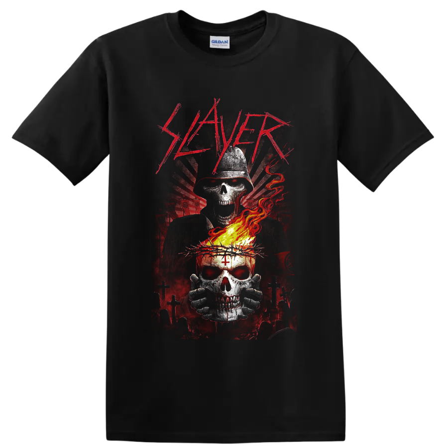 Slayer logo above hooded reaper and flaming skull in gothic graveyard art on a Black T Shirt