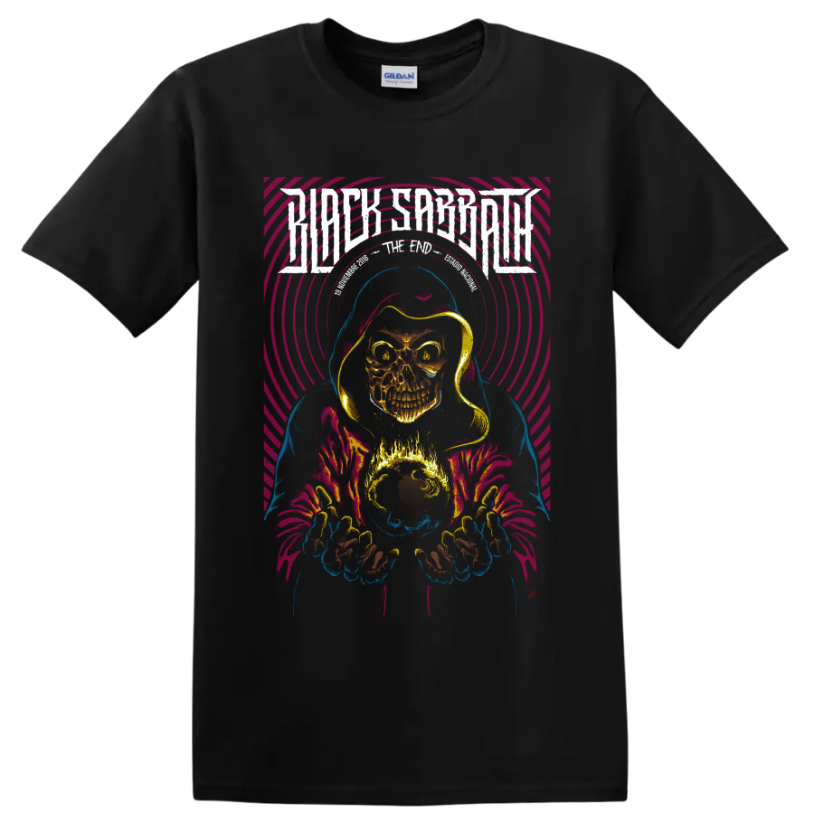 Judas Priest Invincible Shield hooded skull wizard with flaming globe and neon rings on a Black T Shirt