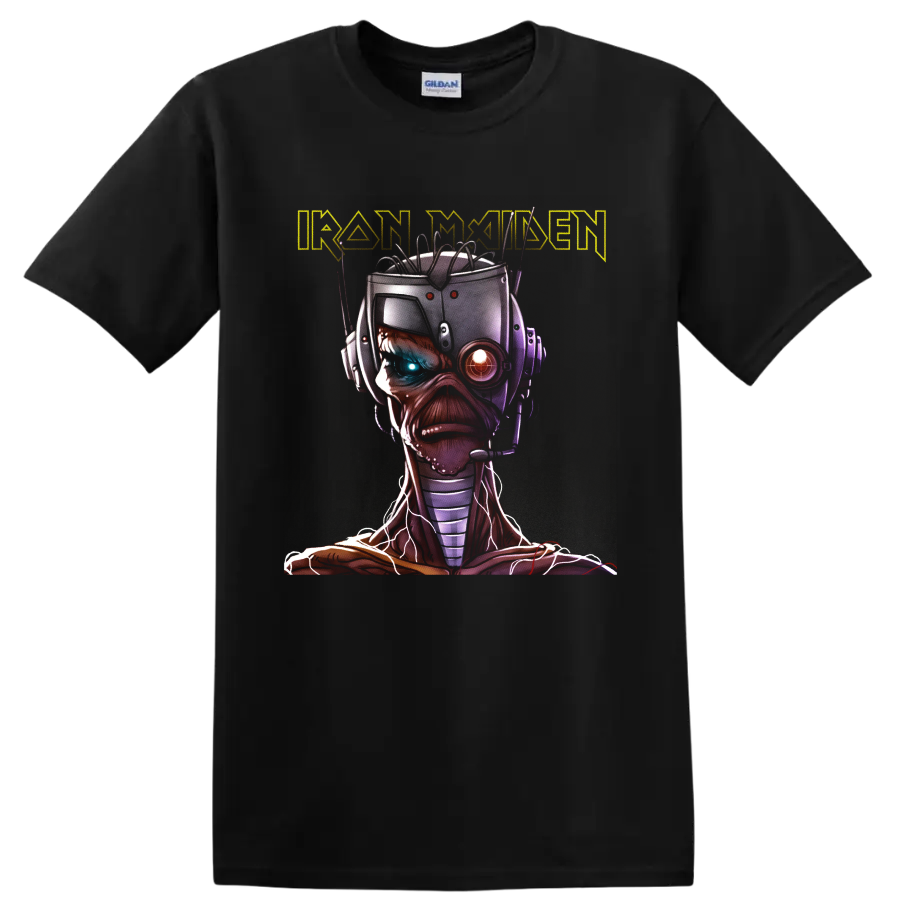 Iron Maiden Eddie the Head cyborg portrait with glowing mechanical eyes and wired headset on a Black T Shirt