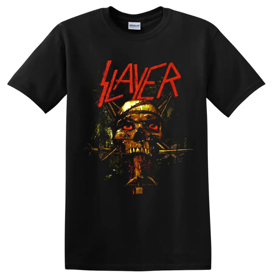 Slayer logo above a spiked helmet skull with barbed wire in gritty heavy metal art on a Black T Shirt