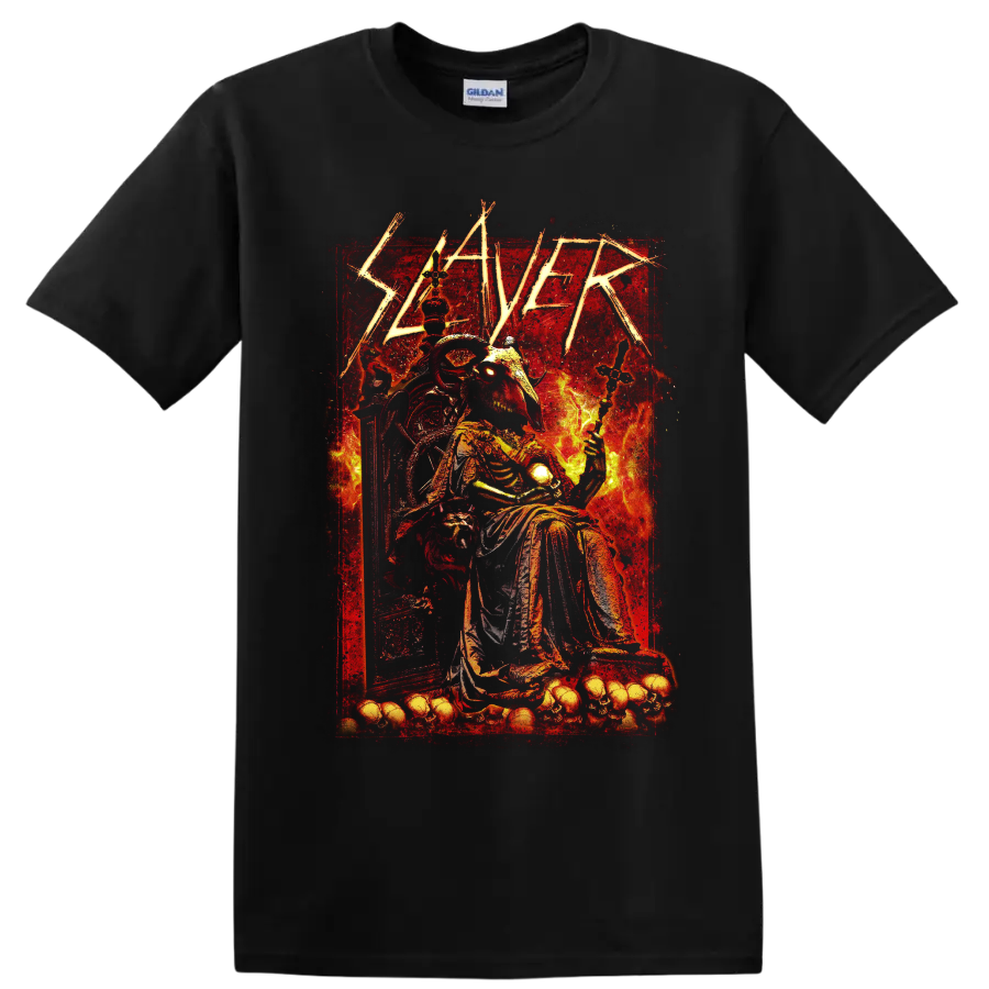 Slayer Show No Mercy gothic horned skeleton on throne with flames and skulls on a Black T Shirt