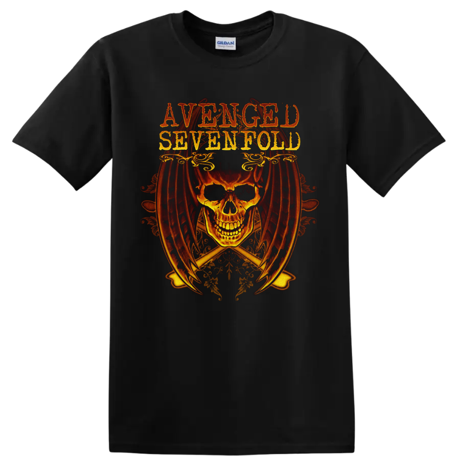 Avenged Sevenfold distressed lettering above a fiery skull with gothic ornaments on a Black T Shirt