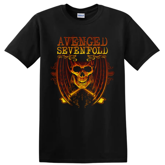 Avenged Sevenfold distressed lettering above a fiery skull with gothic ornaments on a Black T Shirt