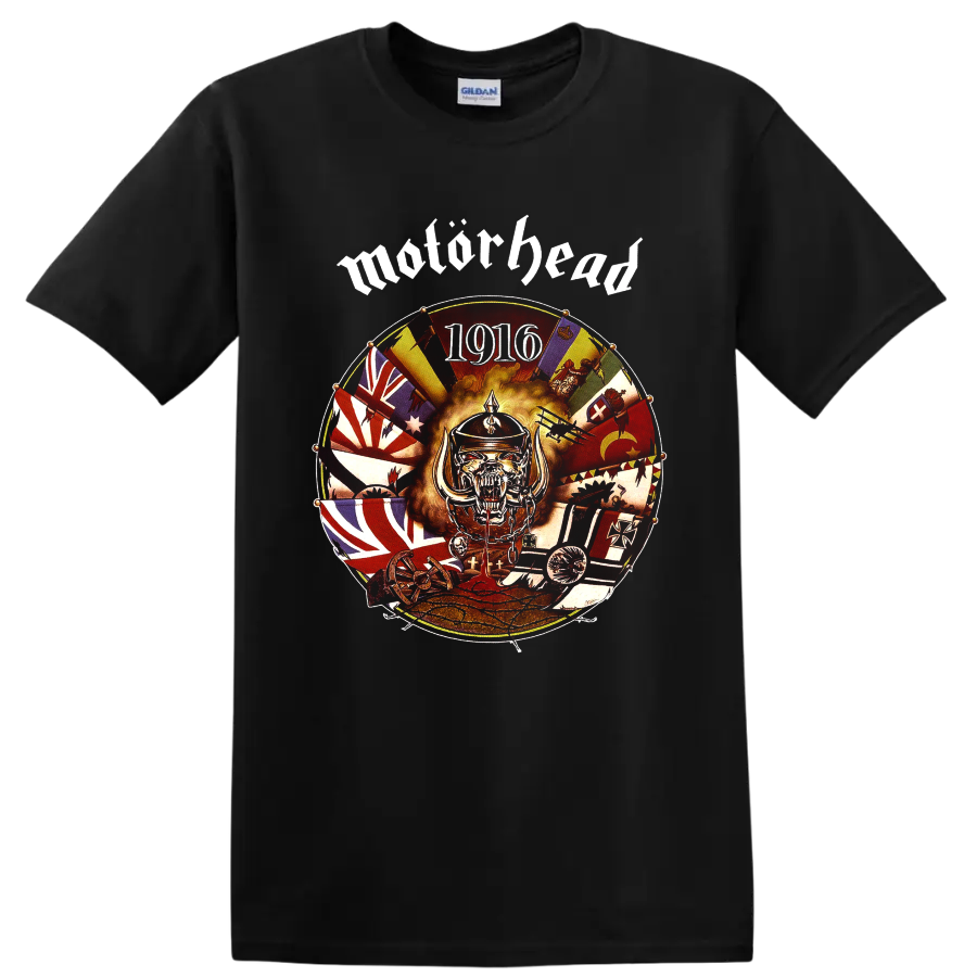 Motorhead 1916 circular war collage with snarling War Pig mascot on a Black T Shirt
