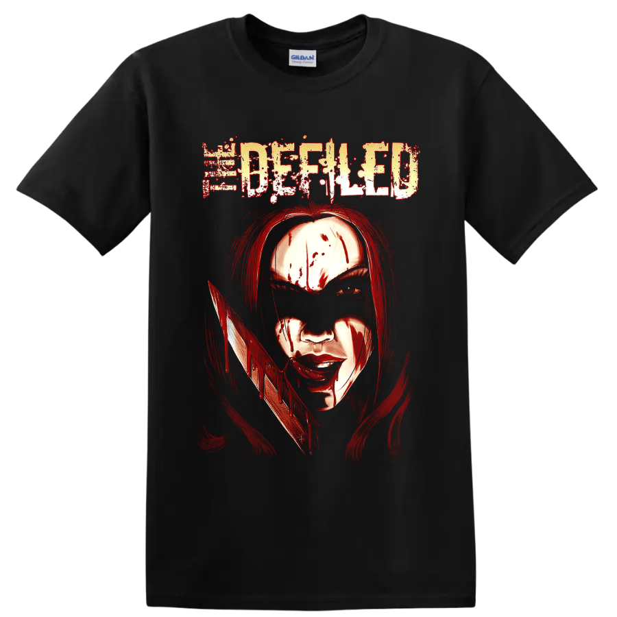 Defiled distressed logo above a blood-streaked figure holding a dripping blade on a Black T Shirt