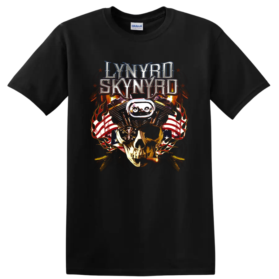 Lynyrd Skynyrd metallic logo above goggled skull, flames, and American flag graphic on a Black T Shirt