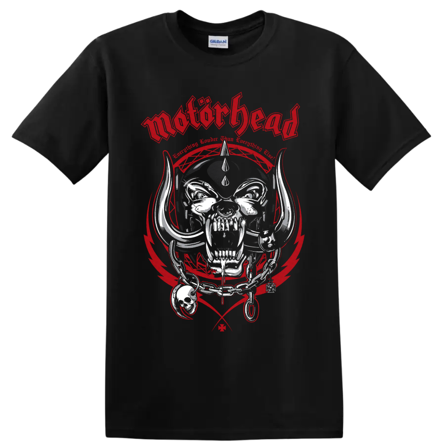 Motorhead Snaggletooth Warpig horned skull graphic with chains and red industrial frame on a Black T Shirt