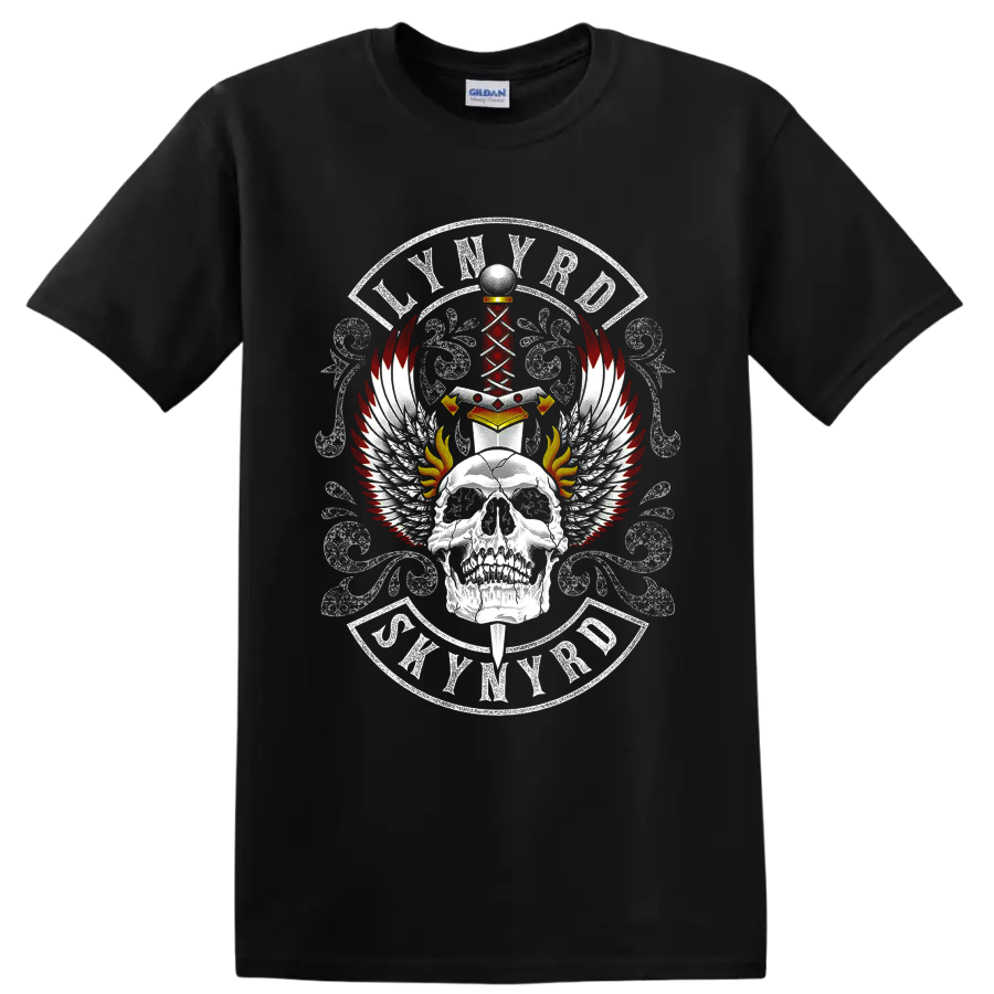 Lynyrd Skynyrd skull, sword, wings, flames, and distressed crest graphic on a Black T Shirt