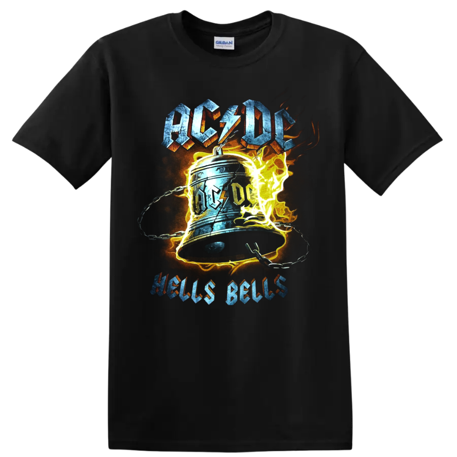 AC/DC Hells Bells distressed rock graphic with chained bell, lightning, and flames on a Black T Shirt