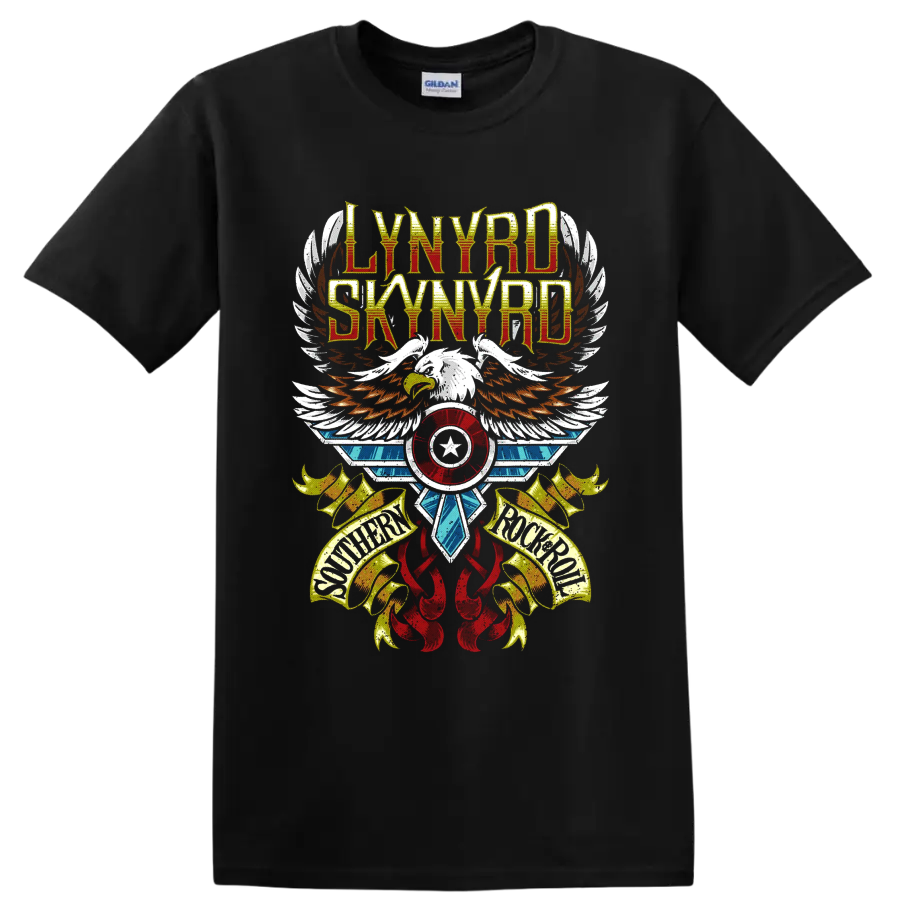 Lynyrd Skynyrd distressed eagle wings graphic with Southern Rock Roll banners on a Black T Shirt