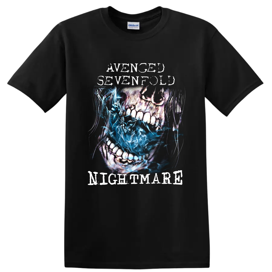Avenged Sevenfold Nightmare distressed skull and blue skeleton graphic on a Black T Shirt