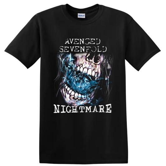 Avenged Sevenfold Nightmare distressed skull and blue skeleton graphic on a Black T Shirt