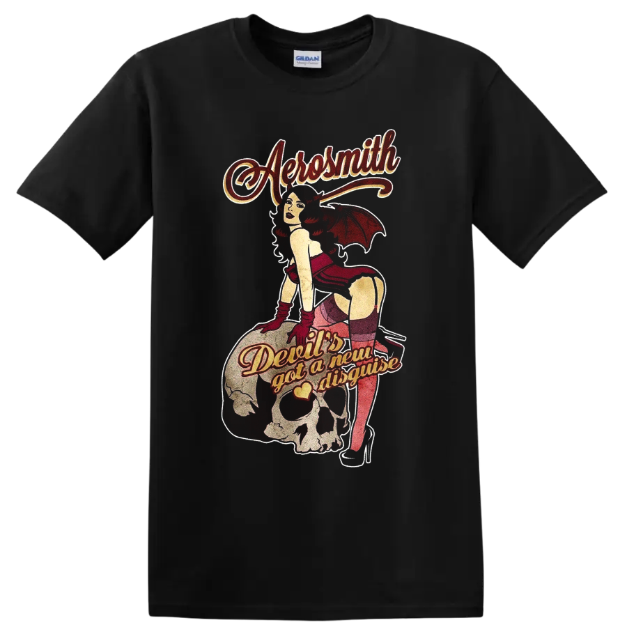 Aerosmith Devil's Got a New Disguise retro devil pinup skull and guitar graphic on a Black T Shirt