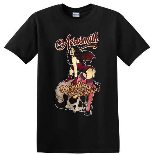 Aerosmith Devil's Got a New Disguise retro devil pinup skull and guitar graphic on a Black T Shirt