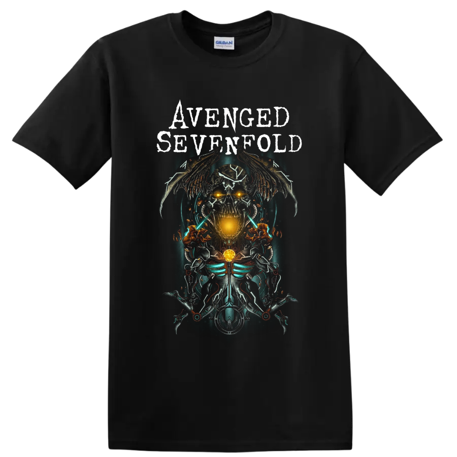 Avenged Sevenfold cybernetic winged skull graphic with distressed band lettering on a Black T Shirt
