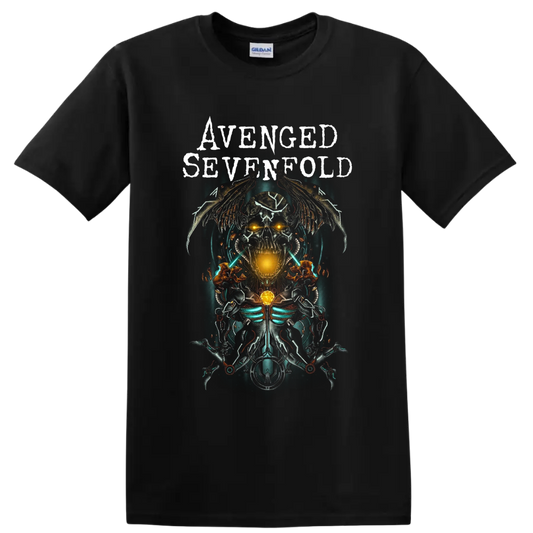 Avenged Sevenfold cybernetic winged skull graphic with distressed band lettering on a Black T Shirt
