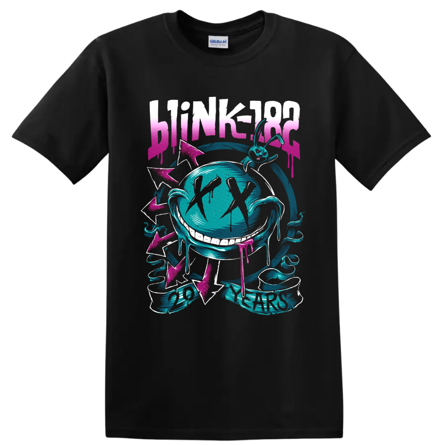 Blink-182 20 Years neon bunny and grinning face with pink arrows and drips on a Black T Shirt