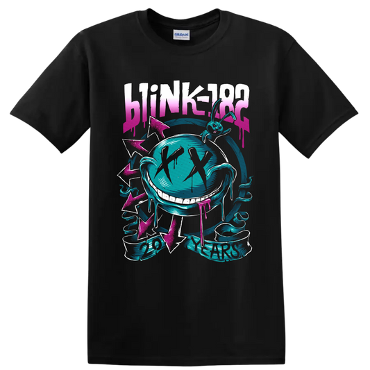 Blink-182 20 Years neon bunny and grinning face with pink arrows and drips on a Black T Shirt